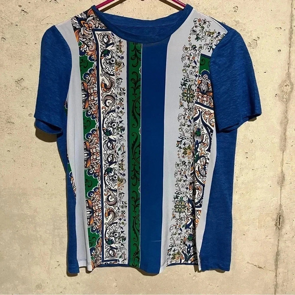 Tory Burch Silk Front & Linen Short Sleeve T-Shirt Blue Floral Women’s Size XXS - Picture 1 of 9